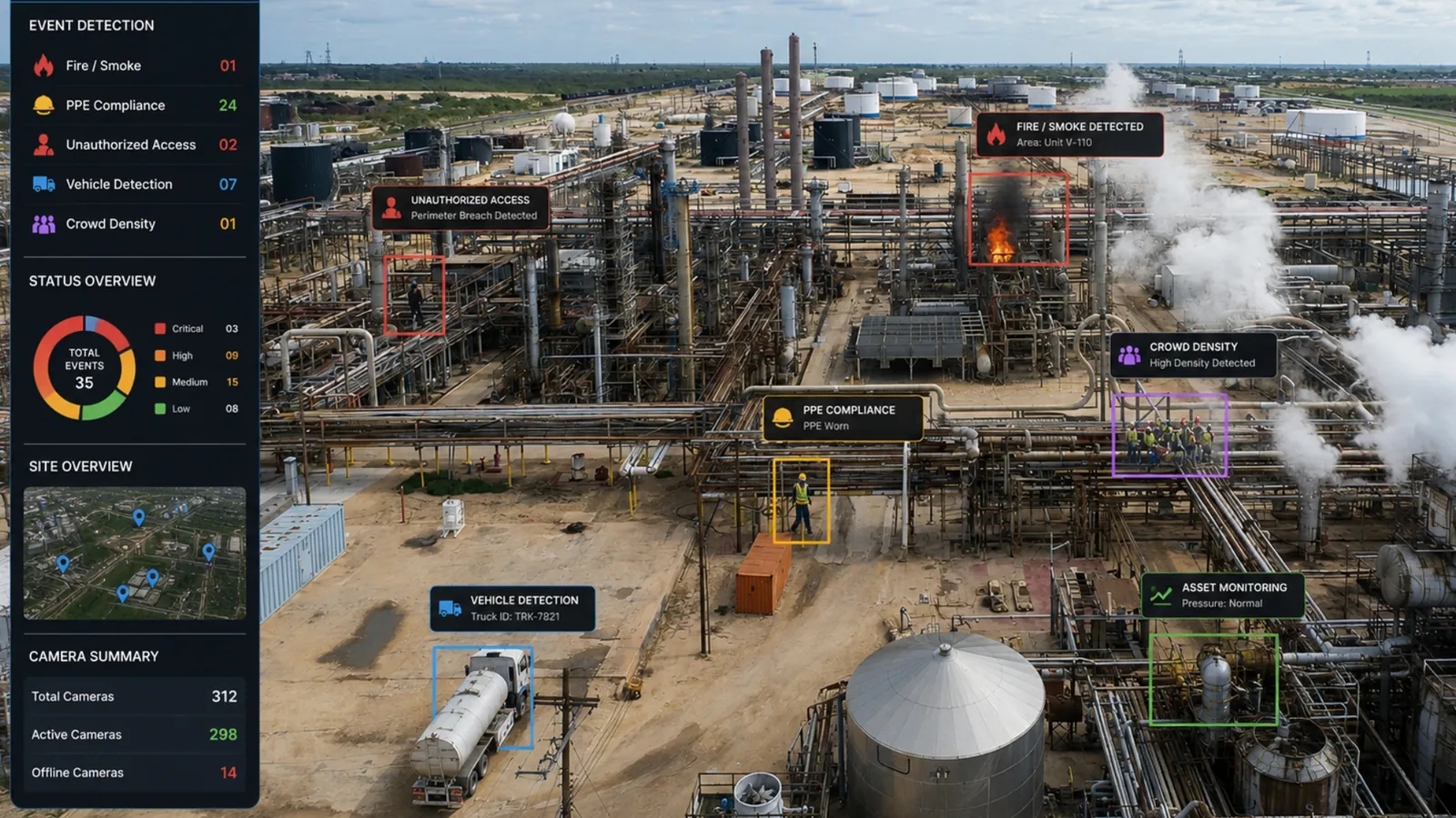 NexView event-detection dashboard beside a live refinery view — fire and smoke, PPE compliance, unauthorized access, vehicle detection and crowd density counts across 312 site cameras